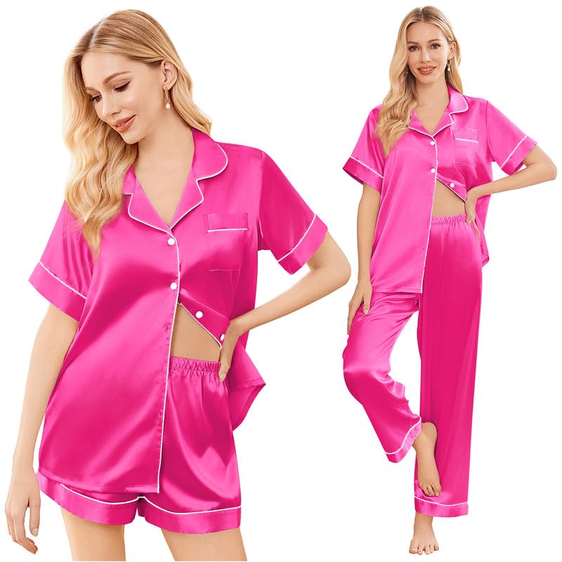 Image of Ekouaer Silk Pajamas for Women Set Satin Soft Short Sleeve Button Down Pjs | 3 Piece Loungewear,Comfy Sleepwear,Silky Smooth Fabric,Gift for wedding,Bridal Party,Coffee Time,Vacation