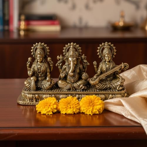 Image of eCraftIndia Brass Goddess Lakshmi Ganesha Saraswati Idol Murti Statue for Home Decor, Pooja Room Temple