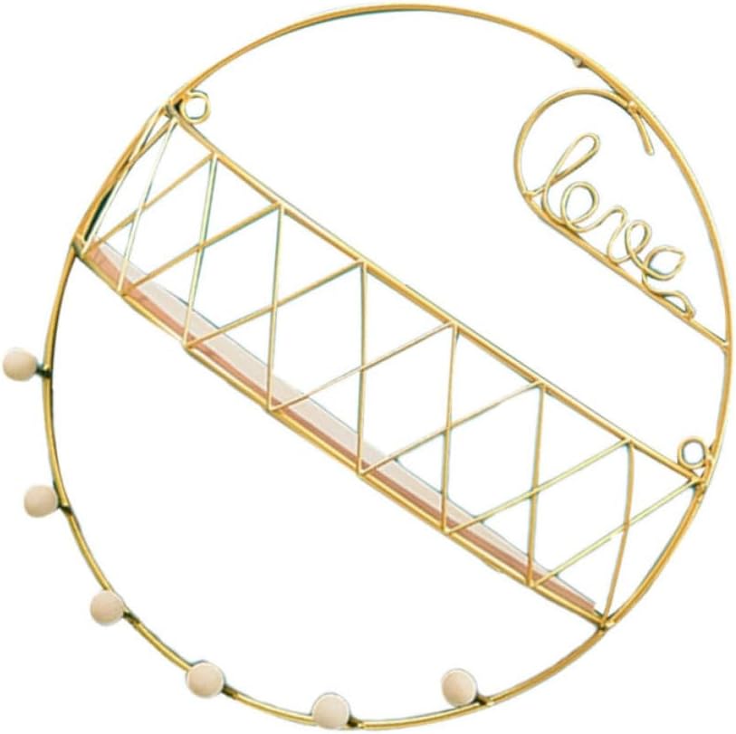 YARNOW Creative Gold Wall-Mounted Storage Shelf with Iron and Wood Material, Decorative Heart-Shaped Clothes Hanger Rack for Bedroom and Study, Punch-Free Installation Storage Basket