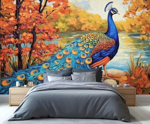 YXQAIED Papel pintado de pavo real, papel tapiz azul pavo real, papel pintado de bosque otoñal para sala de estar, no autoadhesivo, murales de pared 3D y decoración de habitación