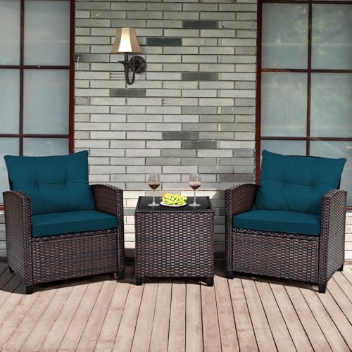 Image of Tangkula 3 Pieces Patio Furniture Set, PE Rattan Wicker 3 Pcs Outdoor Sofa Set w /Washable Cushion and Tempered Glass Tabletop, Conversation Furniture for Garden Poolside Balcony (Prussian Blue)