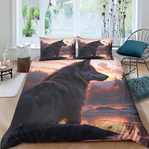 Housse de couette loup forêt et rivière, parure de lit lit double avec taie d'oreiller zippée - 2