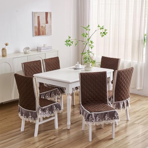 Image of HOMETHREADS Vintage Dining Chair Protector Cover, Quilted Cotton with Lace Frills, Easy Slip-On Design, Protects Seat & Backrest While Keeping Chair Visible, Washable & Reusable, Coffee (Pack of 6)