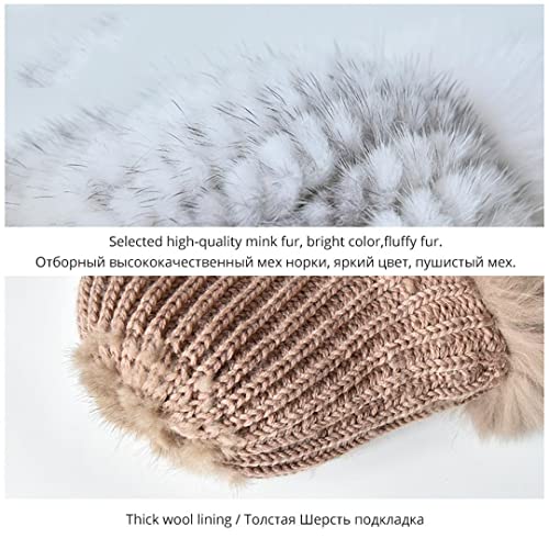 Desconocido Gorros de Piel de Invierno para Mujer, Gorros con pompón de Piel, Gorros de Piel de Punto con Forro cálido