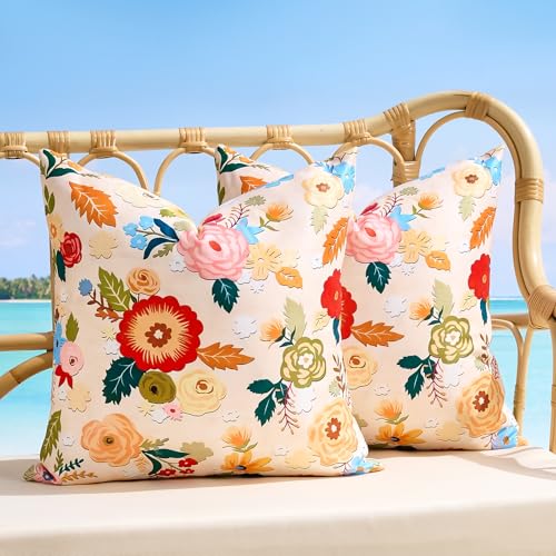 Outdoor Waterproof Floral Pillow Covers Summer Decorative Throw Pillow Covers 20x20 Inch Square Garden Cushion Sham Pillowcase Set of 2 Outside Decor for Patio Tent Garden Sofa Accent Pillow Cases