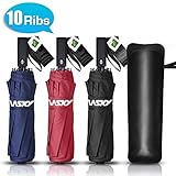 Wsky Windproof Umbrella for Travel, New Updated Comfortable Square Handle, 10 Reinforced Fiberglass Ribs with Teflon Canopy, Auto Open & Close-Black