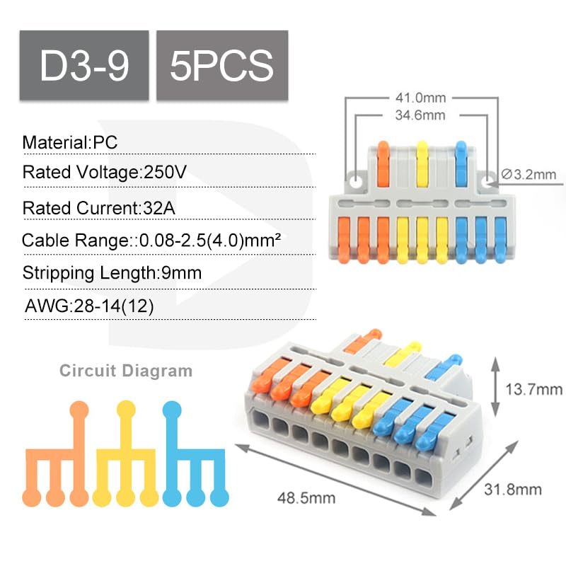 1 in Multiple Out Lever Wire Connectors 28-12 AWG Push-in Compact Splicing Wiring Terminals Quick Disconnects Home Junction Box(D3-9)