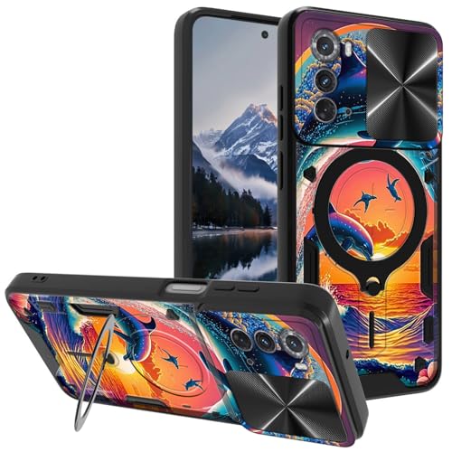 for Motorola Edge-2022 Case, with Slide Camera Cover&Shockproof Bracket, Dual Layer Durable Heavy Duty Protective Cell Phone Case for Moto Edge 2022,Dolphins in The Sunset