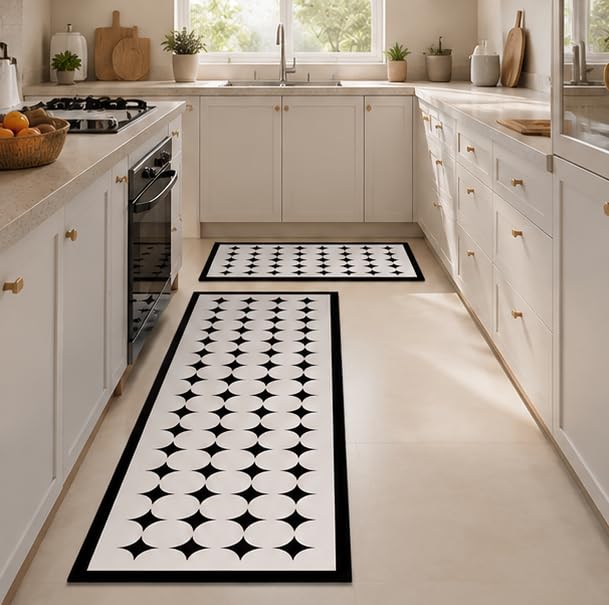 Image of HomeCloud Rubber Kitchen Mats for Floor Set of 2 Pcs | Non-Skid, Soft Absorbent Rugs for Kitchen, Laundry, and Hallway | 120x40cm, 40x60cm| 4mm Thickness (Black White Stars)