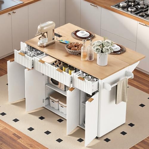 Trygoal 55.5" Mobile Kitchen Island, Fluted Kitchen Island with Storage,
