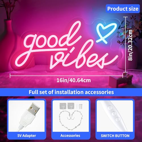 Image of Mothers Day Gifts: Good vibes Neon Sign for Wall -15.7''x 8'' Dimmable Good Vibes LED Light Signs for Bedroom - USB Power Pink Hanging Lighted Up Neon Lights for Room, Office, Party, Salon Decor
