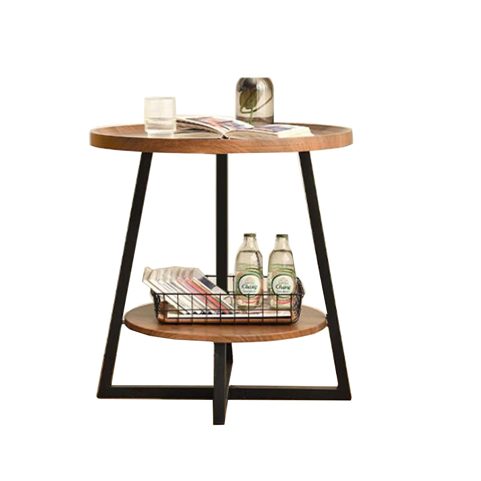 HAIZHENSide End Table Modern Small Coffee Table,Round 2-Layer Sofa Side Table,Solid Wood Side Table, 2 Colors for Living Room Bedroom(Size:23.62 * 23.62 * 23.62in,Color:Walnut Color)