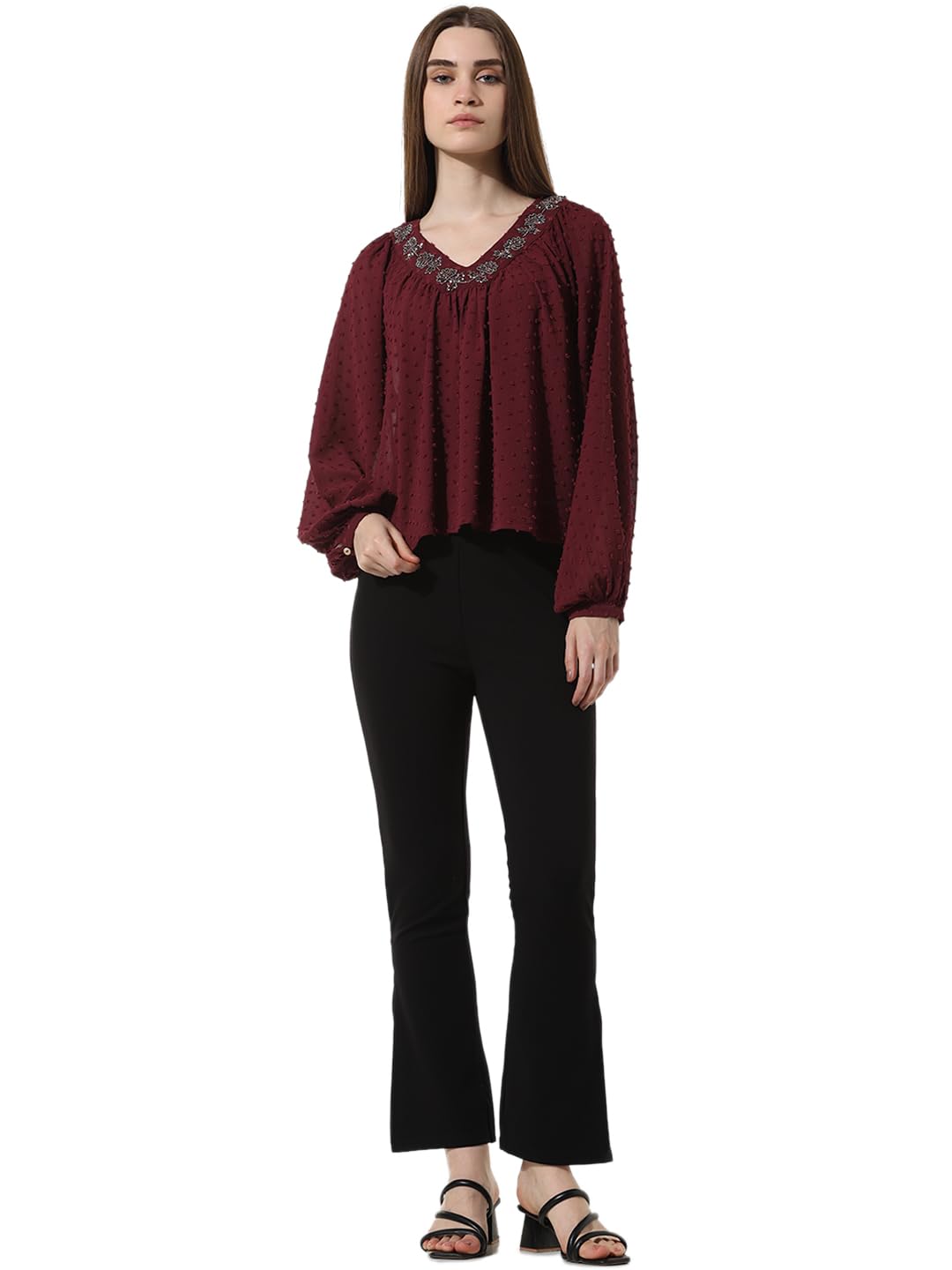 ONLY Embellished Puff Sleeve Top in neutral