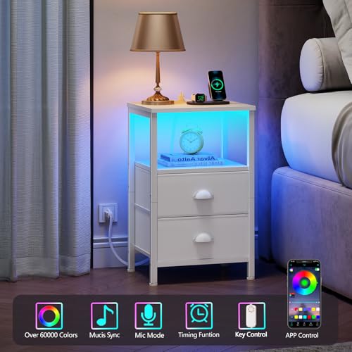 Image of Furologee LED Night Stand with Charging Station, White Nightstand with Fabric Drawers, Bedside Table with Storage Shelf, End Table for Living Room /Bedroom /Dorm