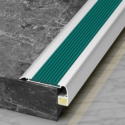 Nez de Marche avec Profilé Led, Bordure de Marche Antidérapante avec Bandes en Caoutchouc, Protection de Étape en Aluminium pour Béton, Carrelage, Bois, Métal, Largeur 6 x 2,4 cm(Green,100cm/39in)