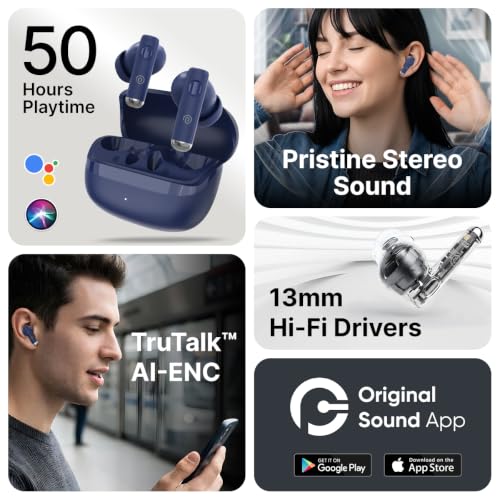 Image of pTron Bassbuds Encore in-Ear TWS Ear Buds w / 50Hrs Playtime, Custom EQ, Mobile App, 13mm Drivers, Pristine Sound, BTv6.0 Headphones, Touch Control, Voice Assistant, Type C Charging & IPX4 (Blue)