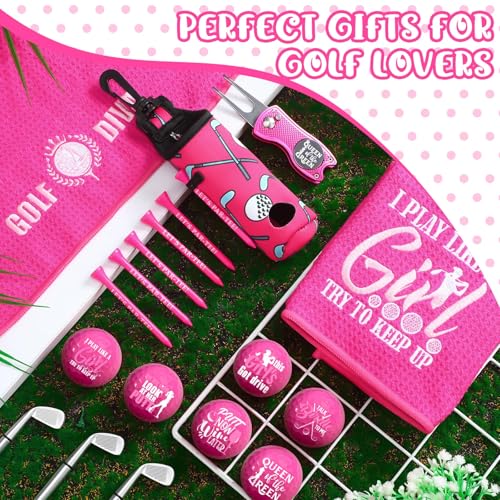 18 Pcs Pink Golf Accessories Kit Include 6 Birdie Pink Golf Balls, 6 Tees, 2 Towels, Golf Ball Bag, Golf Divot Tool, Gift Box Bag of Raffia,mon Birthday Retirement Gift for Women - Image 5