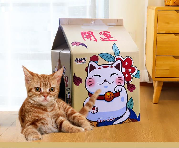review Cardboard Cat House with Scratchboard (21.6''x13''x13'') Cat Playhouse and Home Decor Cat Condo, Bed, Toys, Cat Izakaya Bar Scratchboard House for Outdoor/Indoor Cats Easy to Assemble