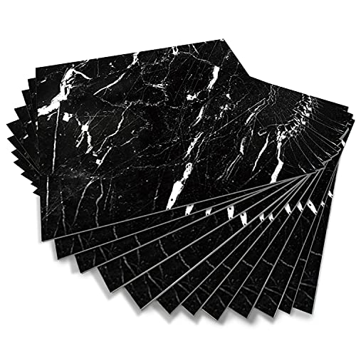 Alwayspon Bodenfliesen abziehen und aufkleben, auf Bodenfliesen, Vinyl-Bodenaufkleber, rutschfeste Bodenfliesen, selbstklebende Aufkleber, schwarz-weißer Marmor-Effekt, 20 cm x 20 cm x 12 Stück Cover