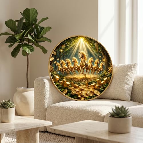 Image of SAF 7 Horse Vastu Round Wall Painting with Premium PVC Golden Frame, Golden Running Horses Wealth Coins Forest Art for Living Room Office Home Decor (12 x 12 Inch) GRS-438