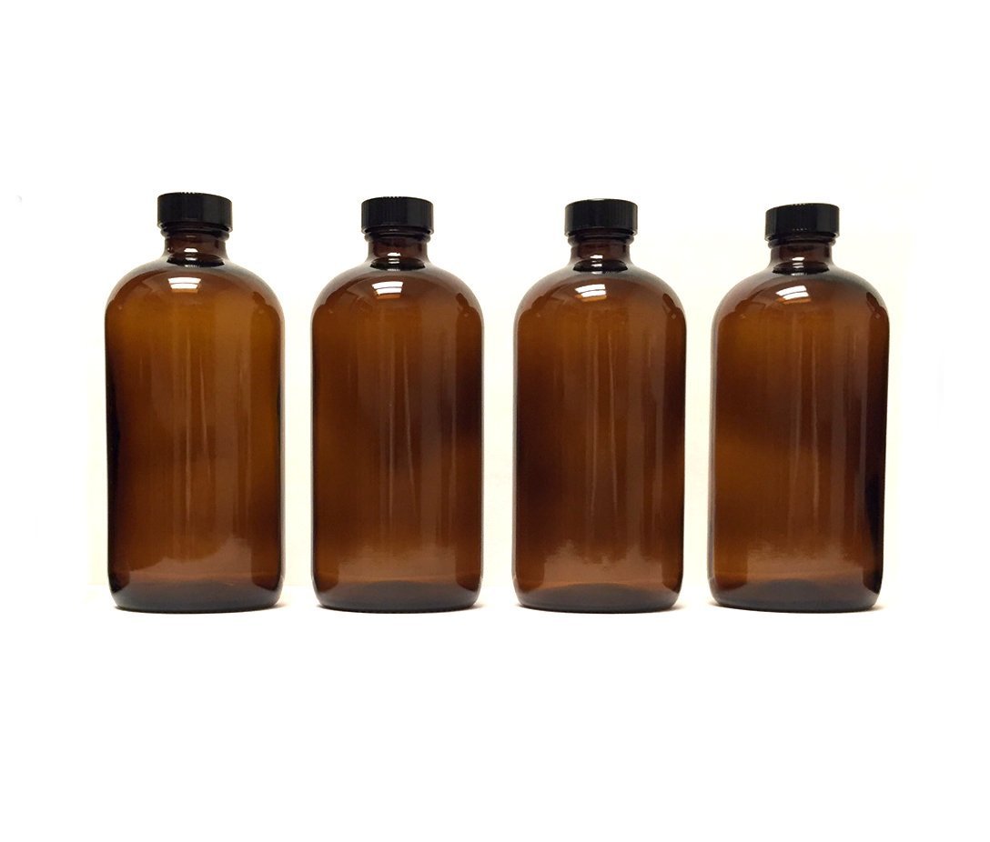 8 oz Amber Glass Boston Round Bottles (4 Pack); w/Poly Cone Caps Perfect for Essential Oil Blends
