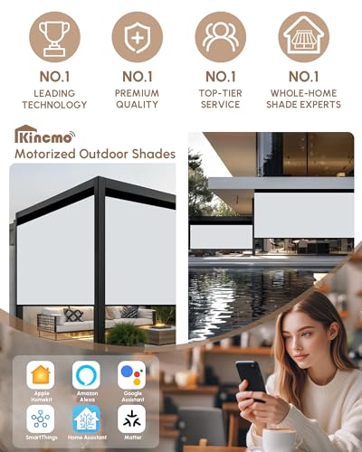 Image of Kincmo Motorized Outdoor Shades for Patio Porch, Custom Outdoor Motorized Blinds with Remote, Waterproof & Windproof Patio Shades Work with Apple Home,Alexa,Google (White Grey-0% Openness)