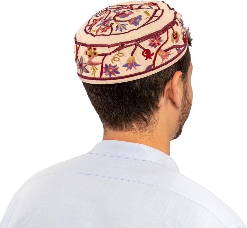 Yair Bucharian Kippah | Yarmulke Hat | Silk Embroidered Birds and Pomegranates Design White