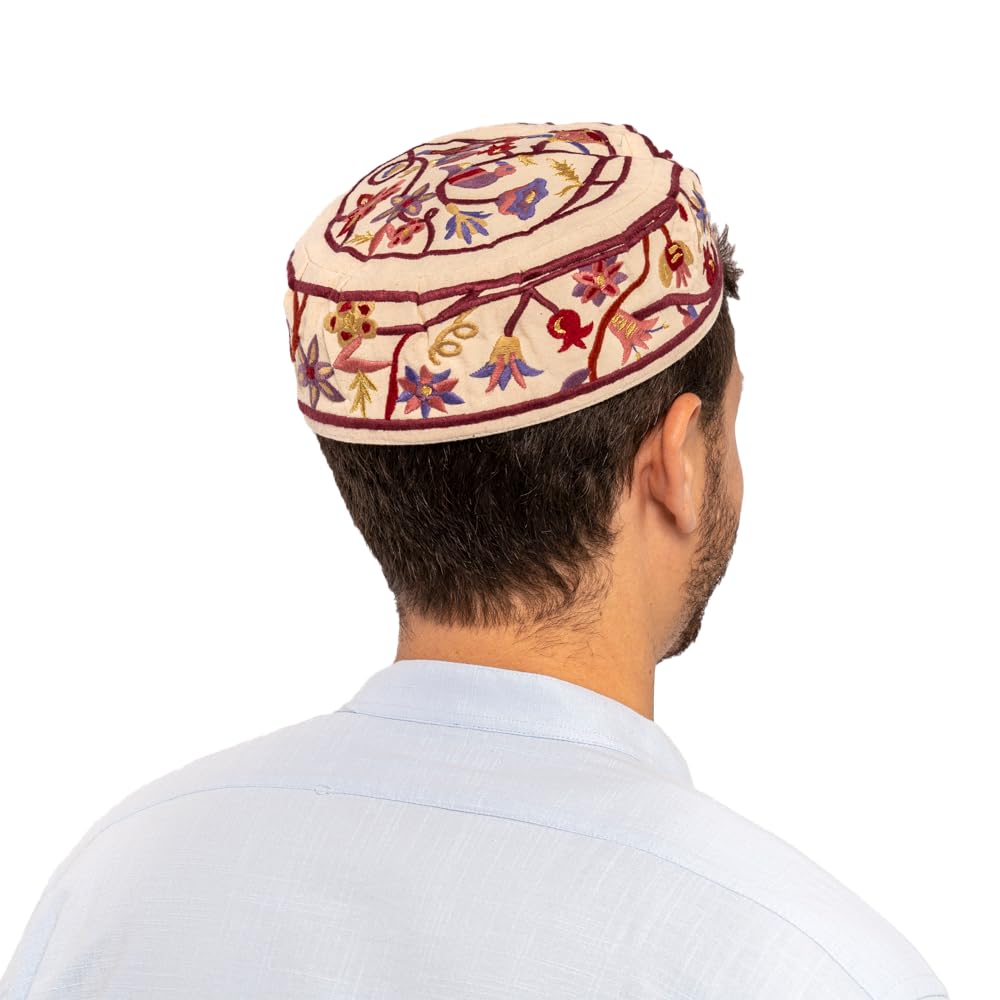 EMANUEL Yair Bucharian Kippah | Yarmulke Hat | Silk Embroidered Birds and Pomegranates Design White