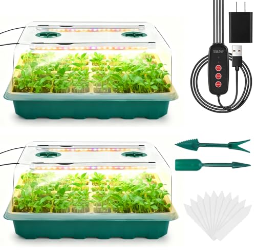 Ryscam Seed Starter Tray with Grow Light, 96-Cell Seed Starter Kit, Seedling Starter Trays with Humidity Domes, Automatic Timer, Adjustable Light Indoor Gardening Plant Germination Trays