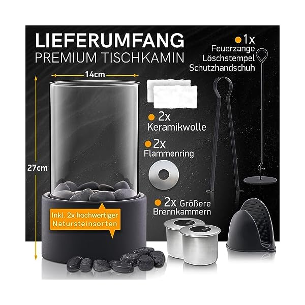 KAMINESS® Tischkamin | Verstellbare Flamme & 3h Brenndauer | Tischfeuer Set | Ethanol Kamin Indoor & Outdoor inkl. 2X Natursteinen (500g) & 2 Brennkammern | Bioethanol Kamin | Balkon Deko Terrasse – Bild 5