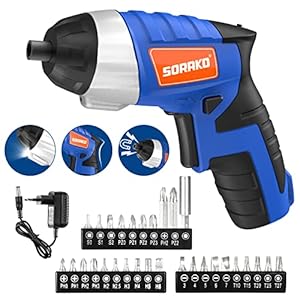 SORAKO Avvitatore Elettrico 6Nm Cacciavite Elettrico 3.6V con 30 Accessori, Cacciavite con Luce LED, 2 Direzioni di Rotazione, Indicatore Batteria e Caricabatterie, Professionale per Fai da Te