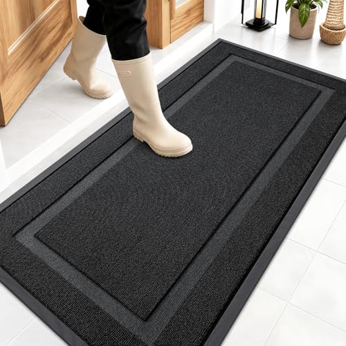 Image of OLANLY Front Door Mat Indoor Outdoor Entrance, Waterproof All-Season, All-Weather Doormat, Sturdy Natural Rubber, Low Profile, Easy Clean Patio Porch Entryway Mat, 47x23, Jet Black