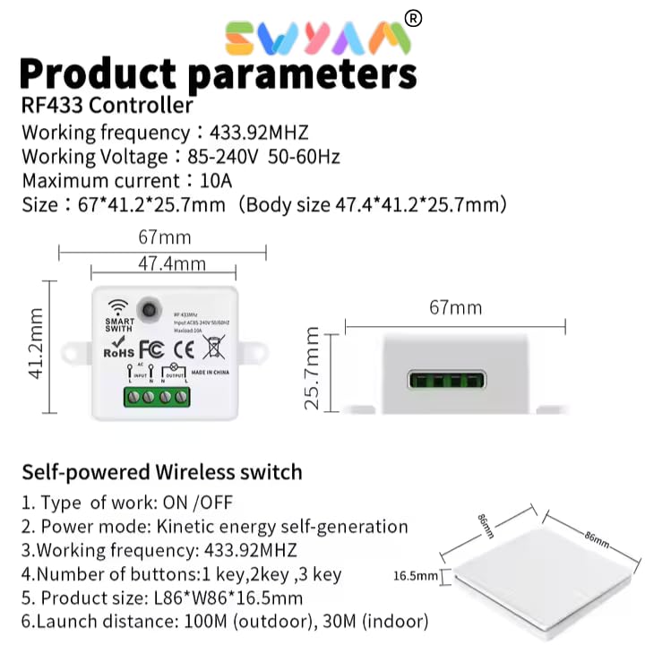 Image of No Battery Self Powered Kinetic Wireless RF Switch 2 Way Operation - 1 Gang 1 Receiver Switch, Compatible with Any Electrical Load