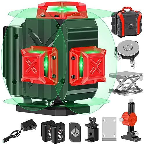 ZHJAN Nivel Láser 4x360°,Nivel Laser de 16 Líneas Autonivelante 360º,IP54 Anti-Salpicaduras |Dos Baterías|Base Elevable|Soporte Triangular, Para Decoración del Hogar y Obras de Construcción