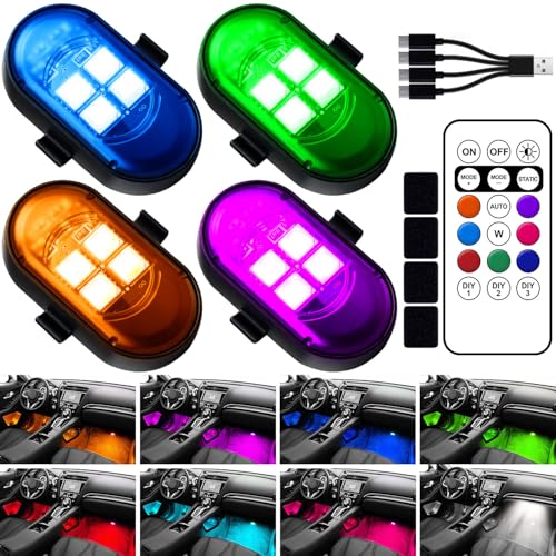 Upgraded 4LEDs Wireless LED Strobe Lights with Remote Control, High Brightness 8 Colors Type-C Charge IP65 Waterproof Anti-Collision Warning Lights for Car Interior Drone Bike Halloween Christmas Day