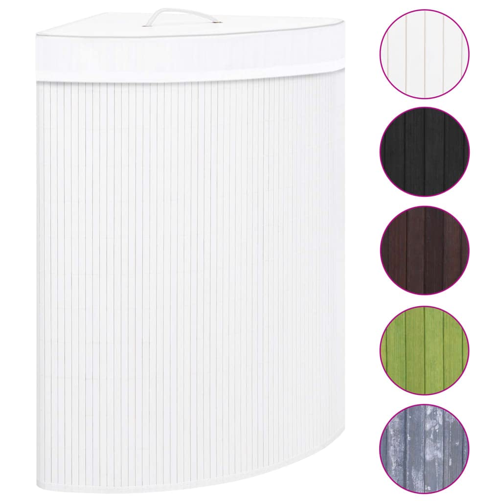 Cesto portabiancheria angolare in bambù, bianco, 60 l, con manico e coperchio, pieghevole, portatile, con sacchetto in tessuto rimovibile, ideale per bagno, camera da letto, lavanderia