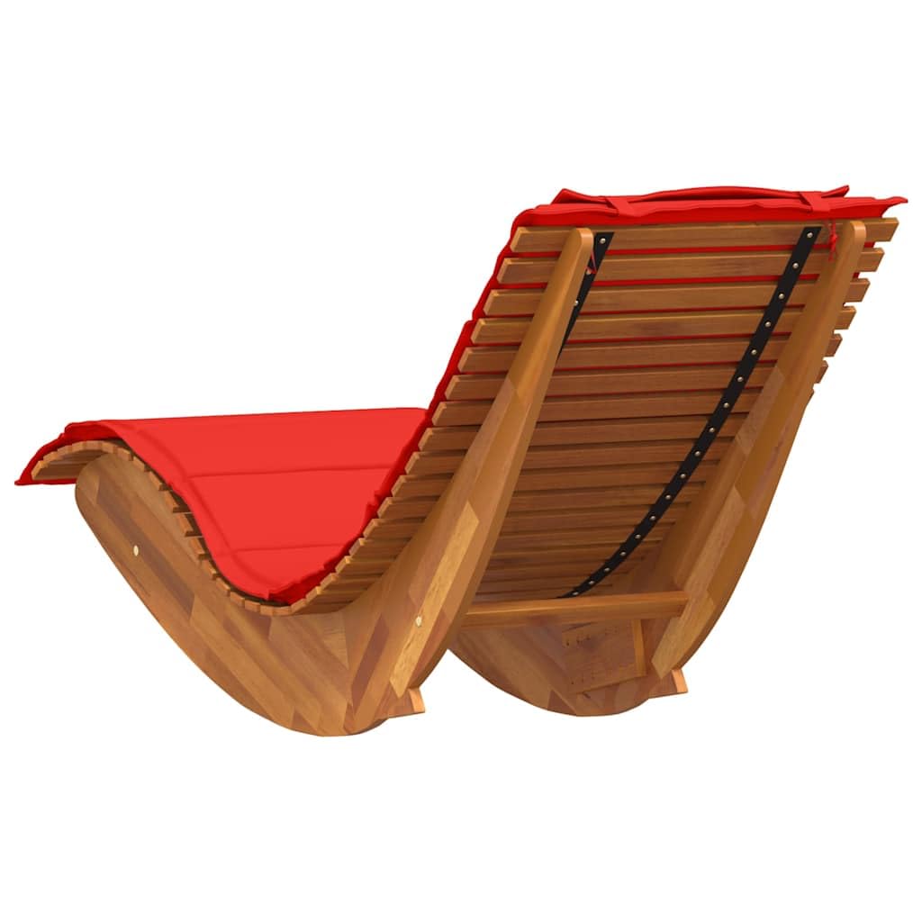 Schaukel-Sonnenliege Akazienholz mit Roter Auflage 154x60cm | Ergonomische Gartenliege aus Echtholz für Terrasse, Pool und Garten. Inklusive dickem Kissen und Kopfkissen für Komfort.
