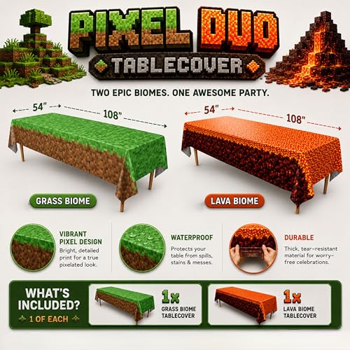 Image of Pixel Field & Lava Duo Table Covers (Pack of 2) - XL 54 inchx108 inch - Immersive Biomes Birthday Party Decorations, Gamer Party Tablecloth, Pixel Themed Decor, Plastic Table Cover, Event Decoration