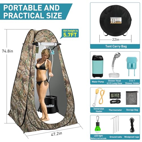 Thallike Portable Hot Shower for Camping Shower Tent Kit, 1000W Immersion Heater, Rechargeable Camping Shower Pump, Pop Up Shower Tent with 6.6 Gallons Folding Bucket for Adults Outdoor - Thumbnail 5