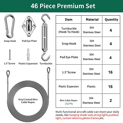 Sun Shade Sail Hardware Kit 6 Inch - 46 Pieces Set Stainless Steel Sun Sail Hardware Kit Mounting Accessories With Vinyl Coated Stainless Steel Wire Cable Ropes (12 Ft X 2) For Deck Railing #TOP3