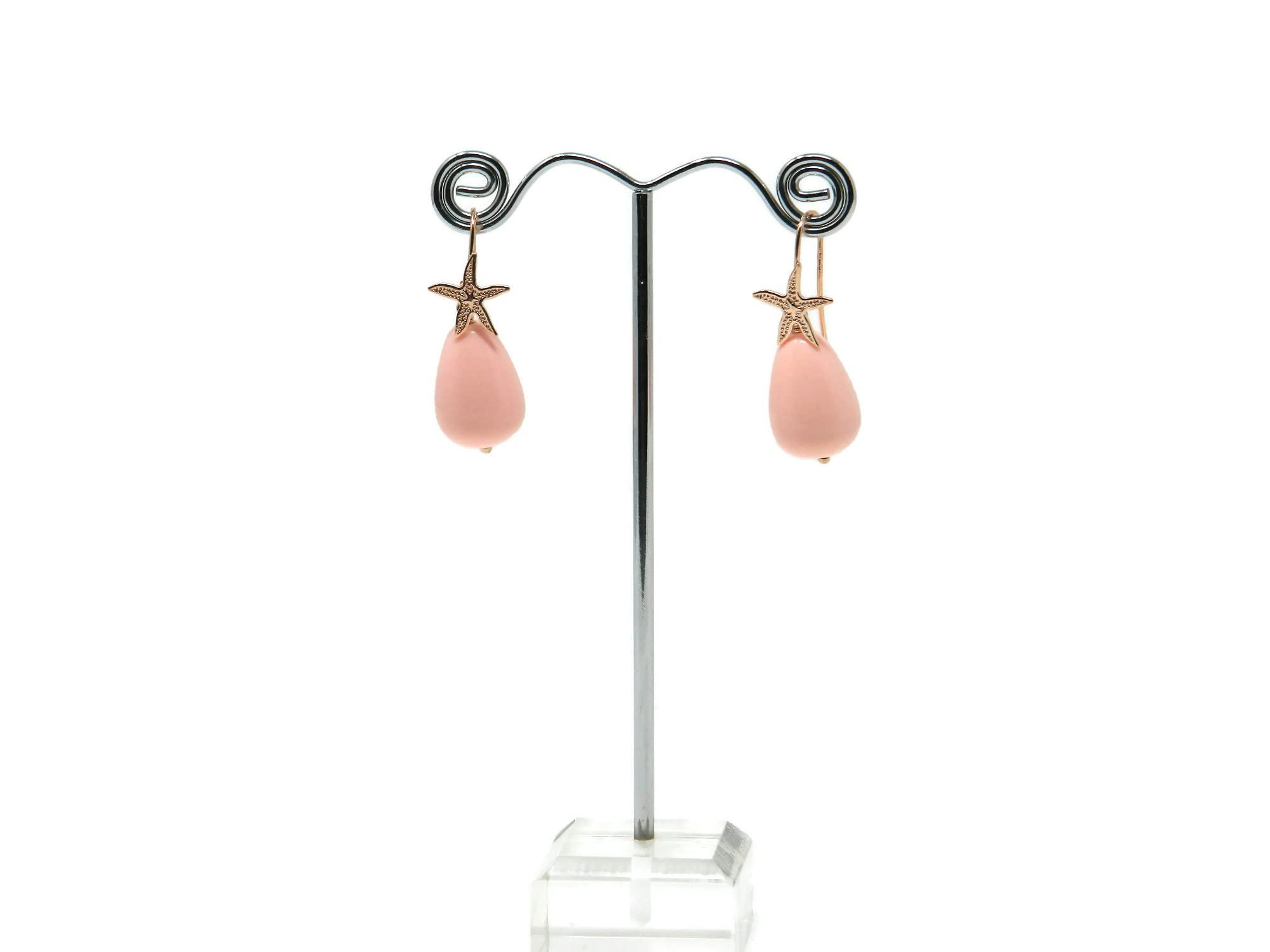 Orecchini pendenti donna con goccia corta in pasta di corallo rosa e stella marina – Argento 925 placcato oro rosa – Handmade Made in Italy – Anallergici - DodiGioielli