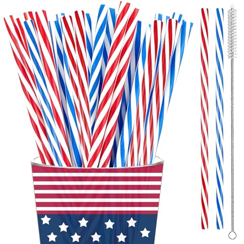 4th-of-July-Patriotic-Party-Decorations-Reusable-Red-White-and-Blue-Striped-Straw 50PCS 9 Inch Plastic Drinking Straws for American Independence Memorial Veterans Day Favors Nautical Party Supplies