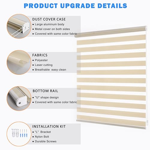 Zebra Blinds for Windows, Free-Stop Zebra Shades, Dual Layer Light Filtering Sheer Blinds for Indoor Windows, Roller Window Shades for Privacy (40 W X 72 H, Cream)