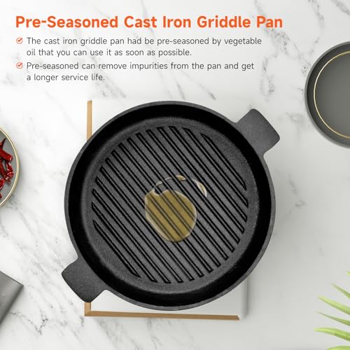 Warmiehomy Cast Iron Griddle Pan,24cm Pre-Seasoned Non-Stick Grill Pan,Round BBQ Cast Iron Skillet with 2 Handles for Gas Induction Electric Hobs and Oven Safe,Ridge Surface - Image 6
