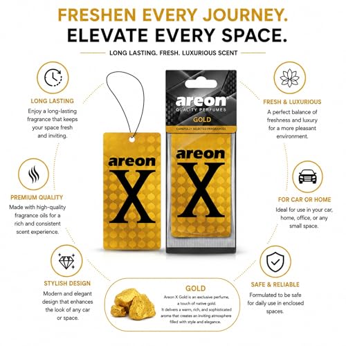 Image of AREON X Gold Hanging Car Air Freshener - Long Lasting Premium Fragrance - Elegant Vehicle Scent Freshener for Cars, SUVs, Trucks, RVs - Easy Hang Design - Stylish Interior Accessory (Pack of 3)