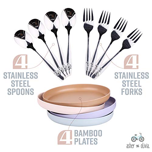 Bamboo Plates For Kids And Toddlers – 12 Pack Bamboo Toddler Plates & Stainless Steel Silverware Set – 8 Inch Bamboo Kids Plates – Eco-Friendly Kids Bamboo Plates – Dishwasher Safe #TOP1