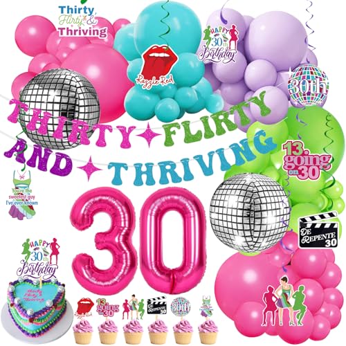 130pcs Thirty Flirty And Thriving Decorations Set 13 Going On 30 Decorations With Disco Ball Balloons Pink 30 Foil Balloons Glitter Banner Perfect For 30th Birthday Party