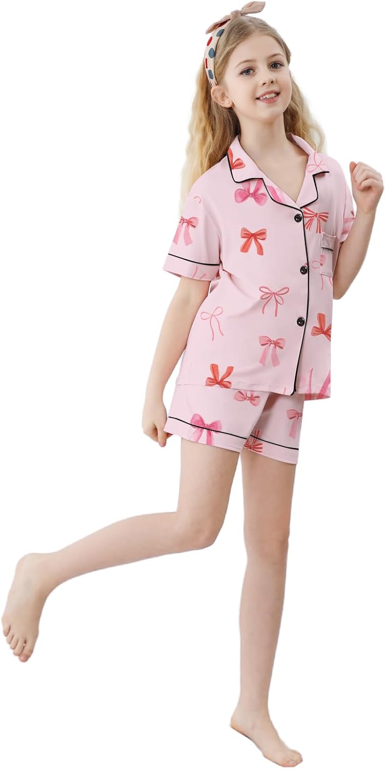 Umeyda Girls Pajamas Set Soft Short Sleeve Button-Down Sleepwea Nightwear 3Pjs Set Loungewear, 5-14 Years - Image 3