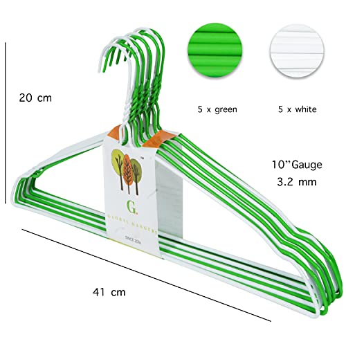 Image of G. Extra Strong Heavy Steel Cloth WardrobeHanger Metal Wire Clothes Suit Hangers 16 inch (41cm) with Notches - 10 Pack (White & Green)