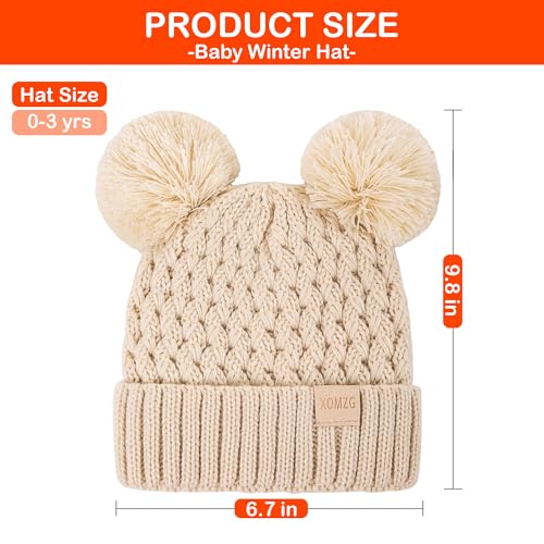 Toddler Winter Beanie Hat, Infant Winter Warm Knit Fleece Lined Cap for Girls Boys with Pom Pom for 0-36 Months 2 Packs2